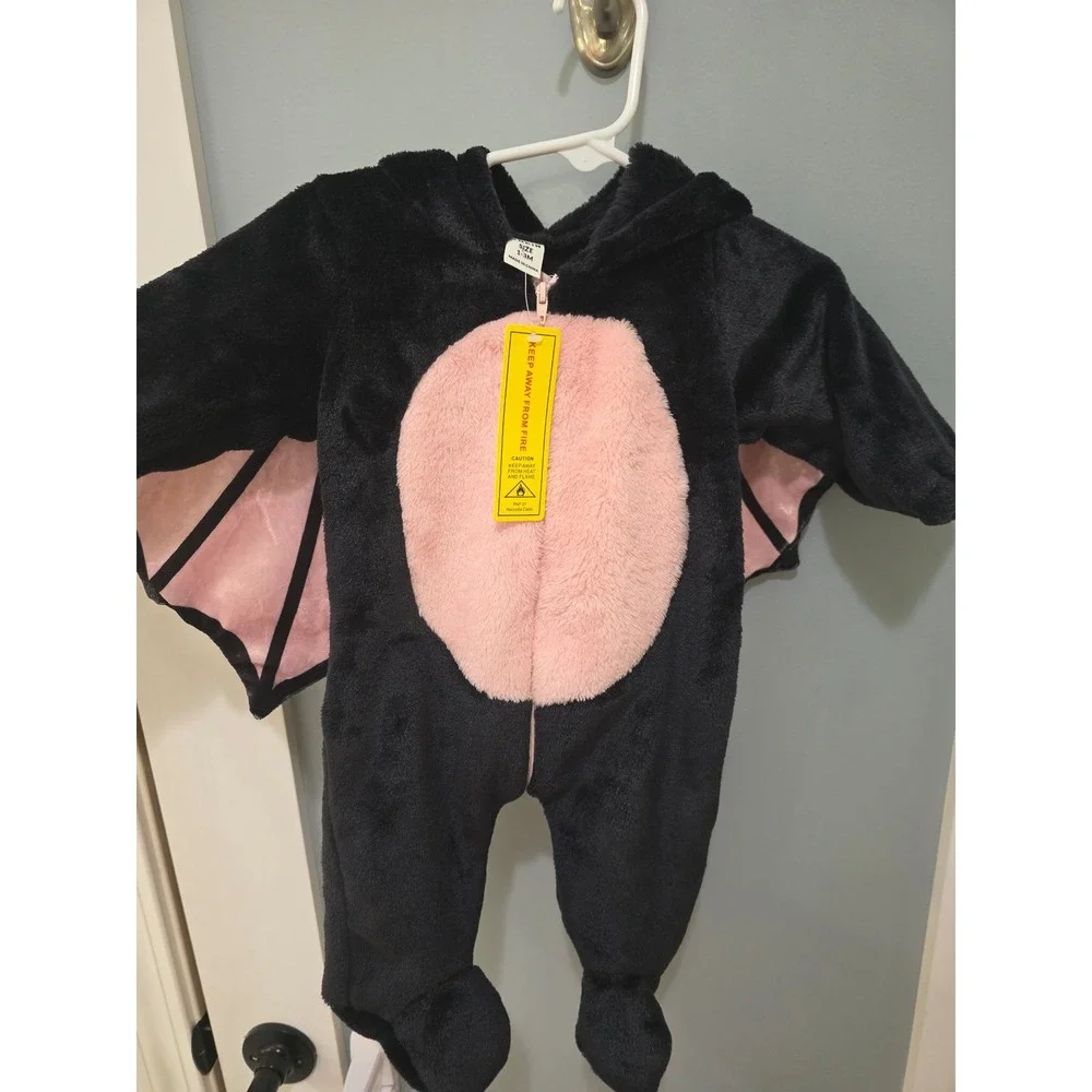 Baby Bat Halloween Costume Plush Footed Onesie Black Pink 0-3 Months